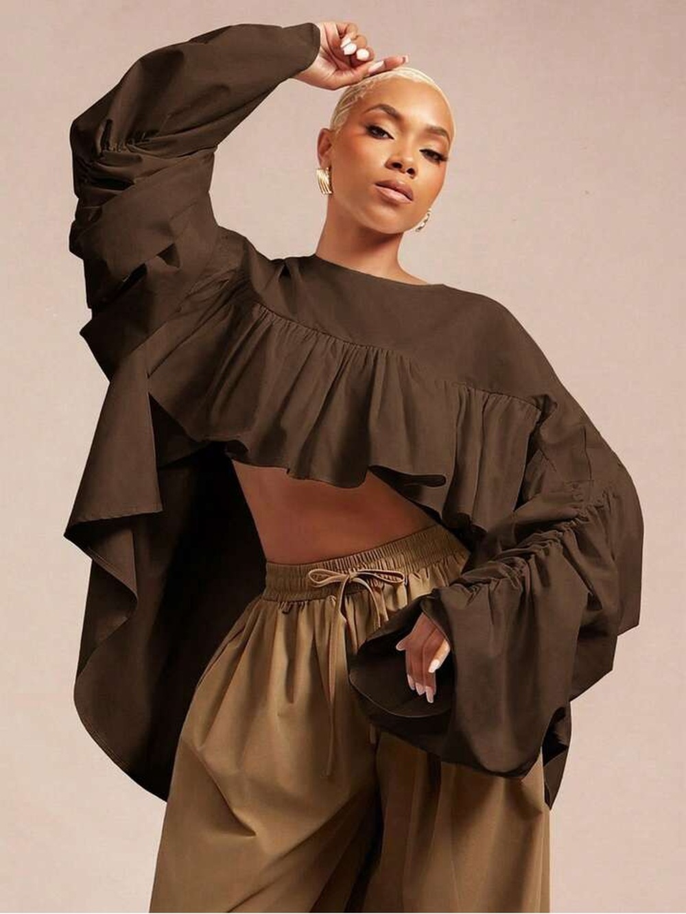 Women’s Ruffled Crop Top in Dark Brown
